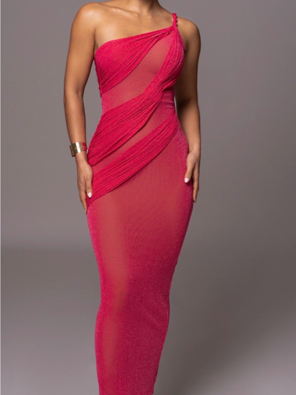JLUXLABEL One-Shoulder Fuchsia Sheer Draped Evening Gown